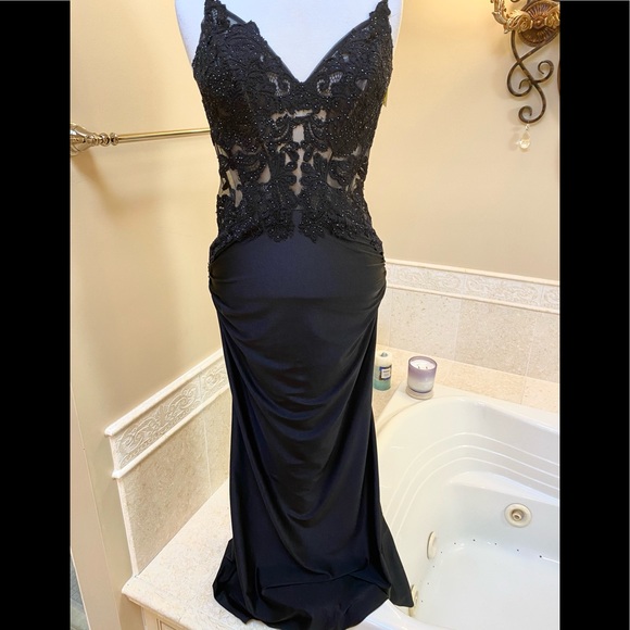 NEW Sexy La Femme Gorgeous Black Lace with Rhinestones Illusion Fitted Gown 12 - Picture 10 of 16